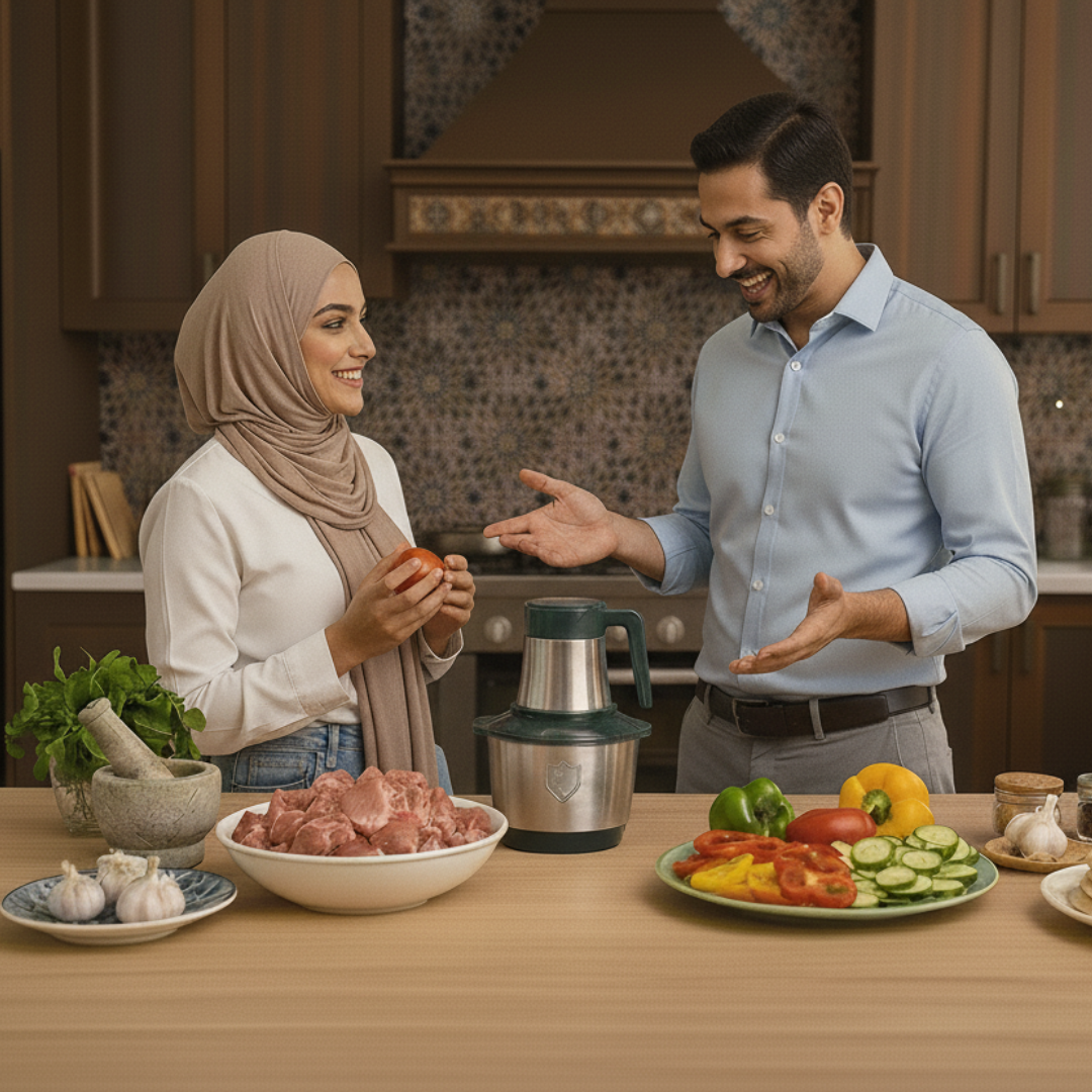 Man and woman preparing food in a kitchen with ingredients on the counter.