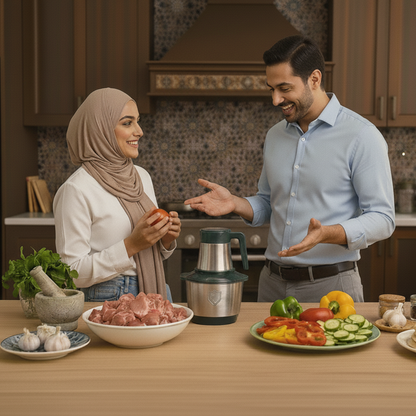 Man and woman preparing food in a kitchen with ingredients on the counter.