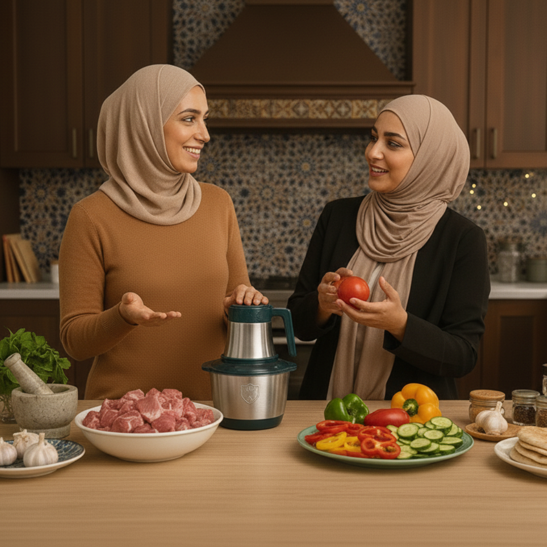 Two women in a kitchen preparing food with ingredients on a table.