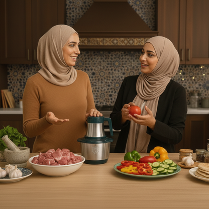 Two women in a kitchen preparing food with ingredients on a table.