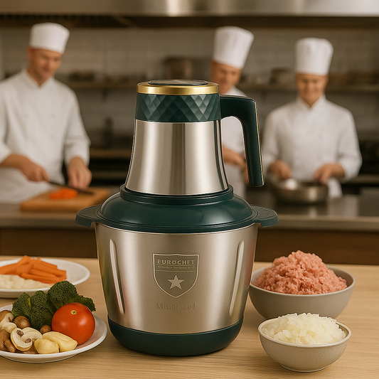 Stainless steel kitchen appliance on a counter with chefs in the background