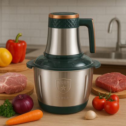 Stainless steel meat grinder on a kitchen counter with vegetables and meat