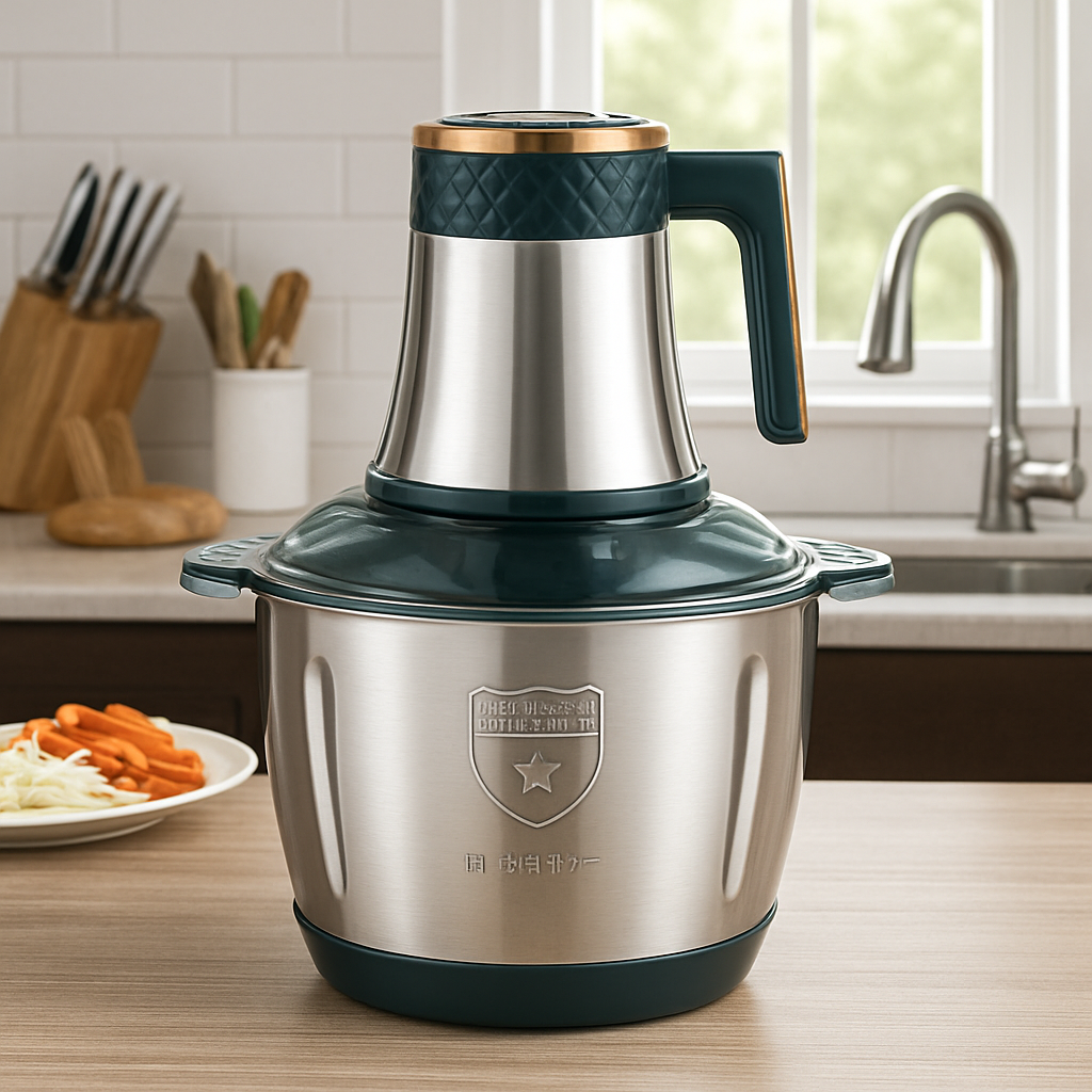 Stainless steel kitchen appliance on a kitchen counter with a window in the background