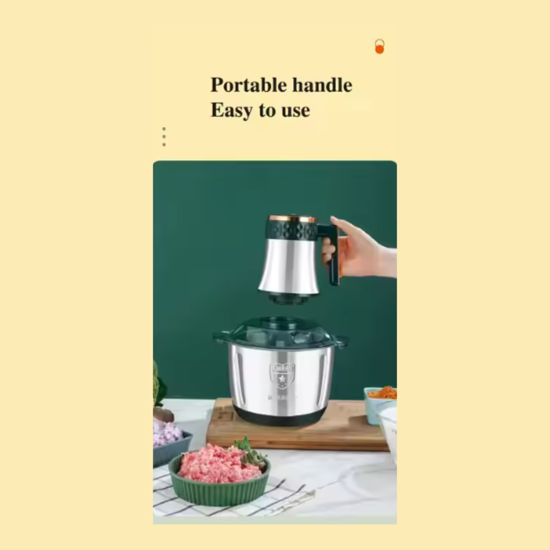 Stainless steel kitchen appliance with portable handle on a light beige background